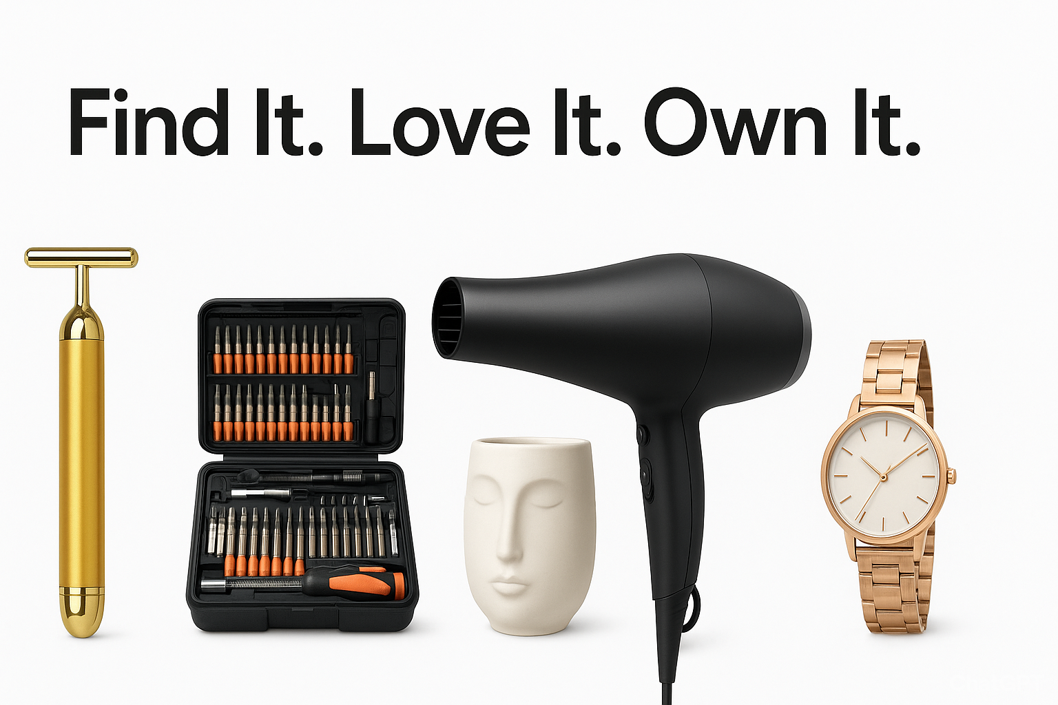 Collection of items including a gold tool, black hair dryer, white vase, and gold watch on a white background with text 'Find It. Love It.